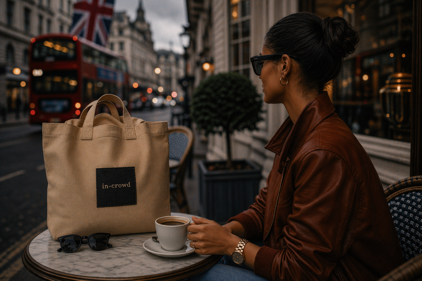 Woman sitting at a table with a beige bag and coffee cup in an urban setting