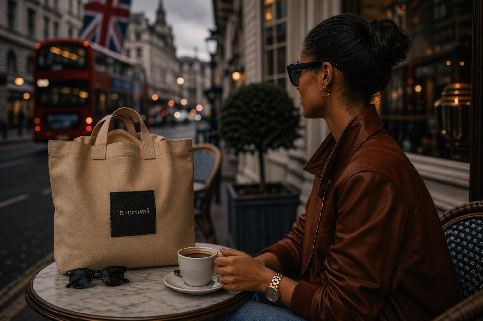 Woman sitting at a table with a beige bag and coffee cup in an urban setting