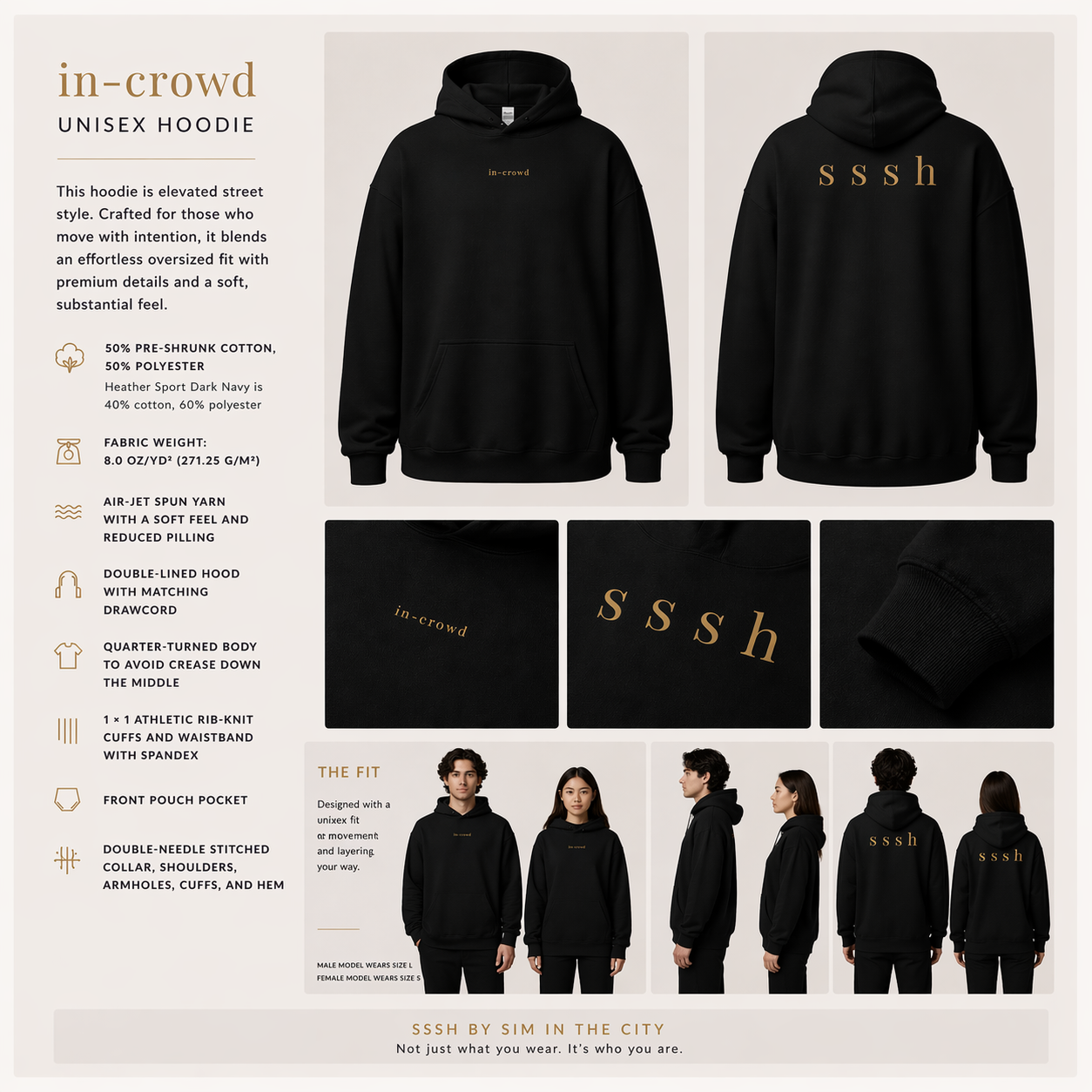 Black hoodie with 'sssh' branding, featuring front and back views, size chart, and fitting information.