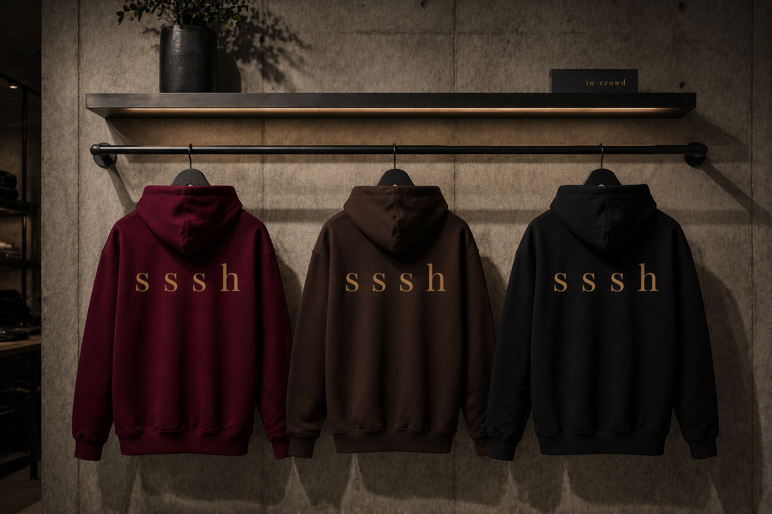 Three hoodies with 'sssh' text on a wall-mounted rack.