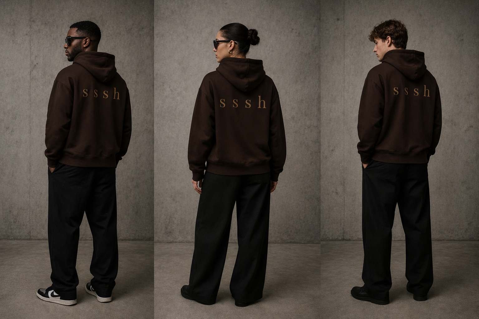 Three people wearing dark brown hoodies with 'SSSH' logo against a gray background