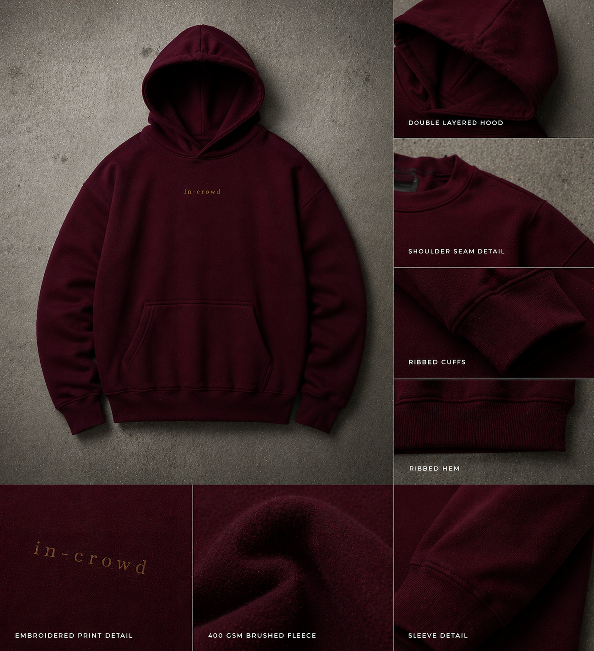 Burgandy  hoodie with detailed views on a gray background