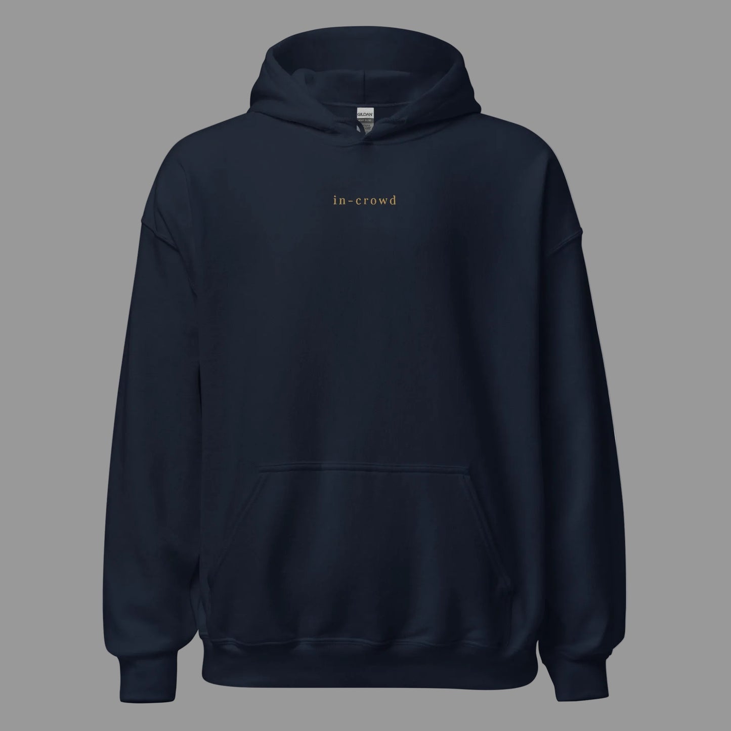 Navy blue hoodie with a small logo on the chest against a white background