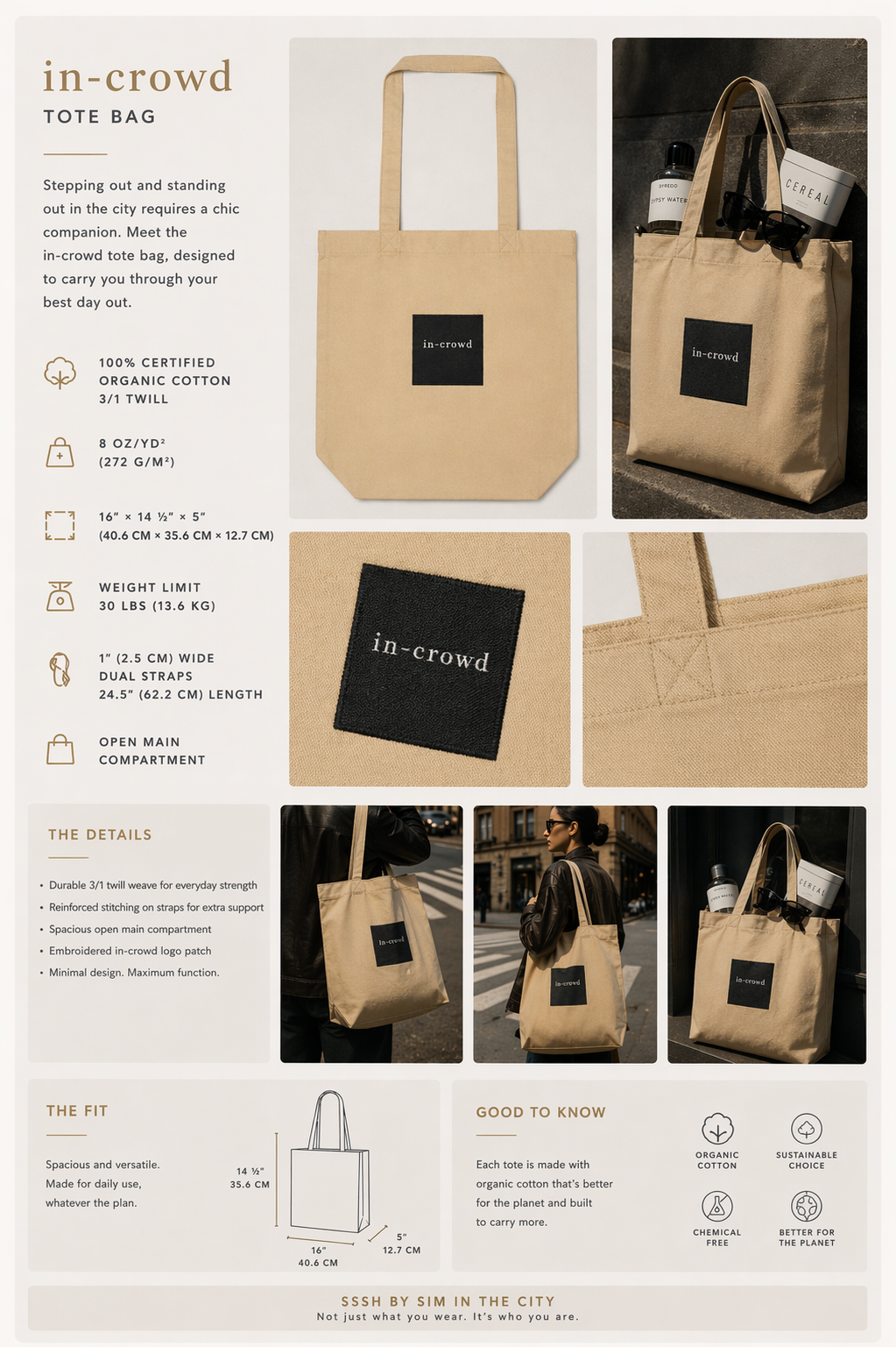 Beige tote bag with 'in-crowd' branding, shown from multiple angles with product details.