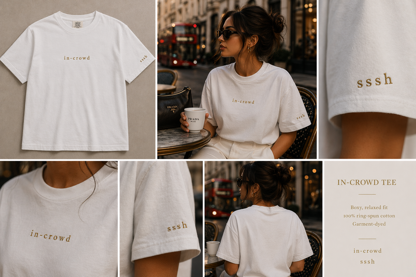 Collage of a white t-shirt with 'in-crowd' text, worn by a person in an urban setting.